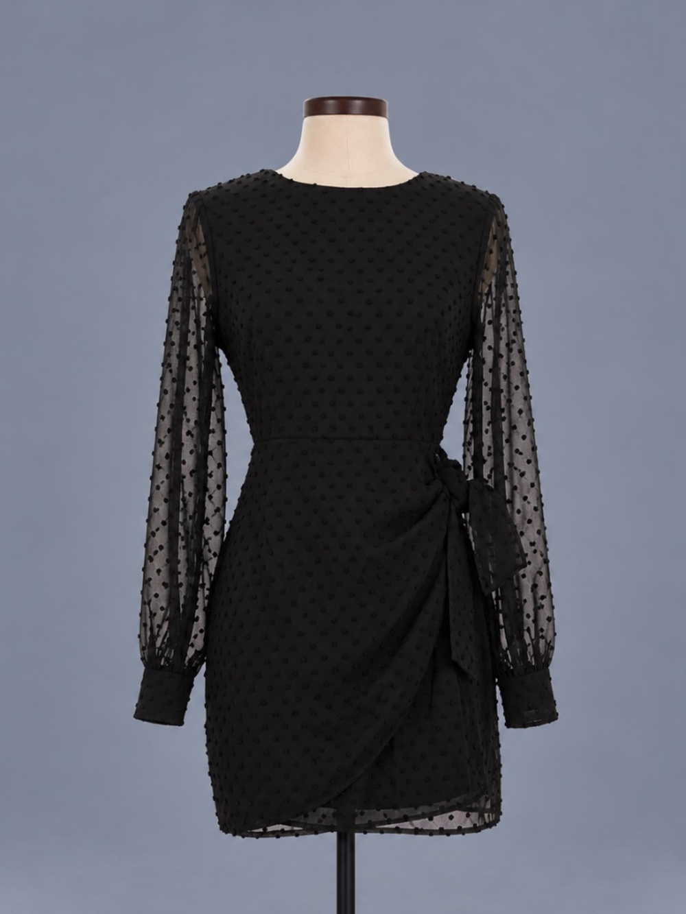 Lulus Black Swiss Dot Wrap Mini Dress – Size S – NWT